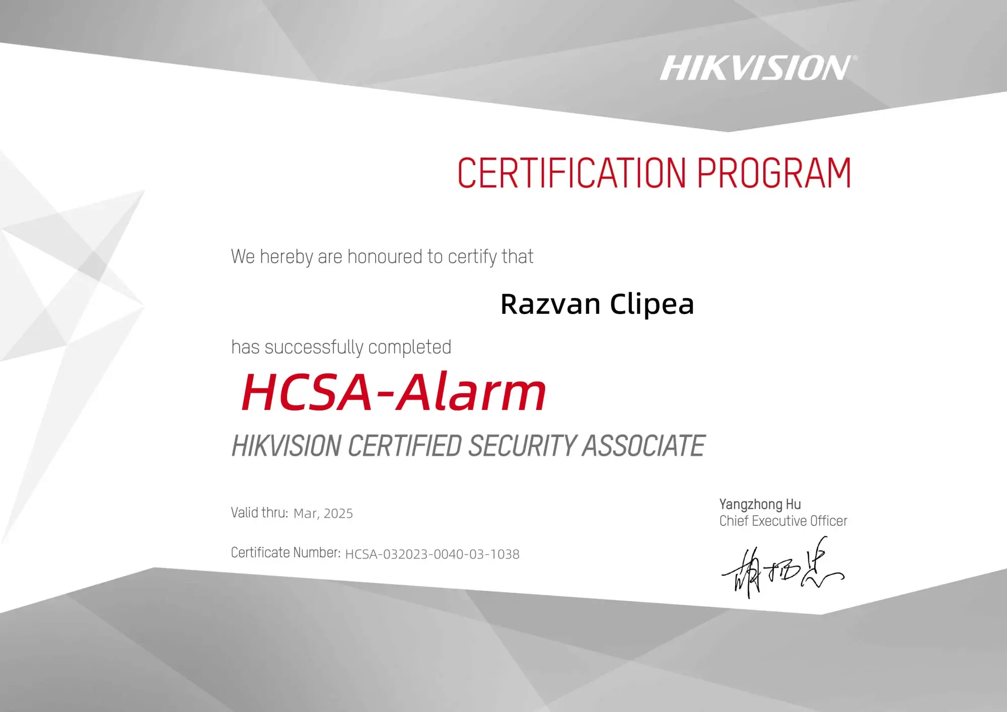 Certificat Hikvision HCSA-Alarm — Răzvan Clipea