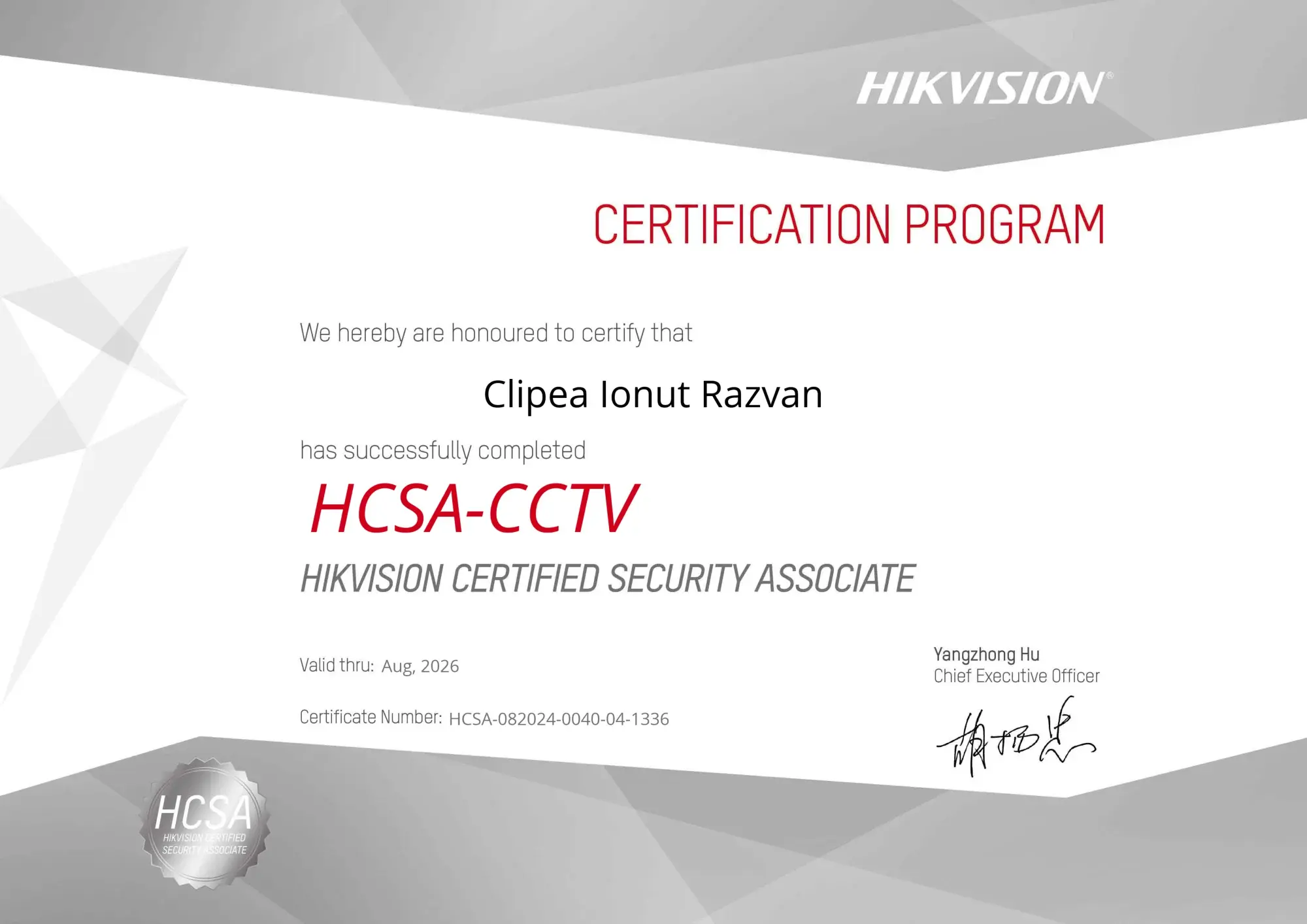 Certificat Hikvision HCSA-CCTV — Răzvan Clipea