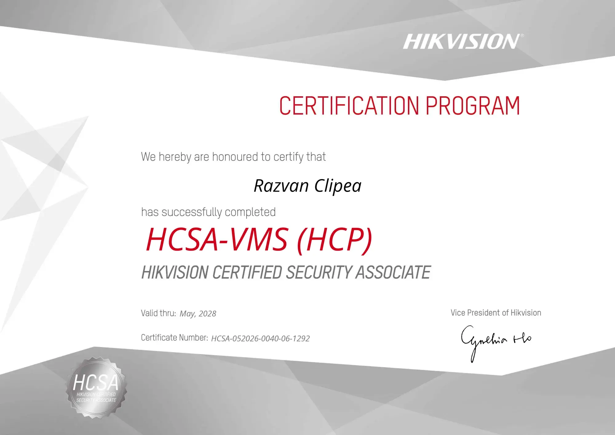 Certificat Hikvision VMS (HCP) — Răzvan Clipea